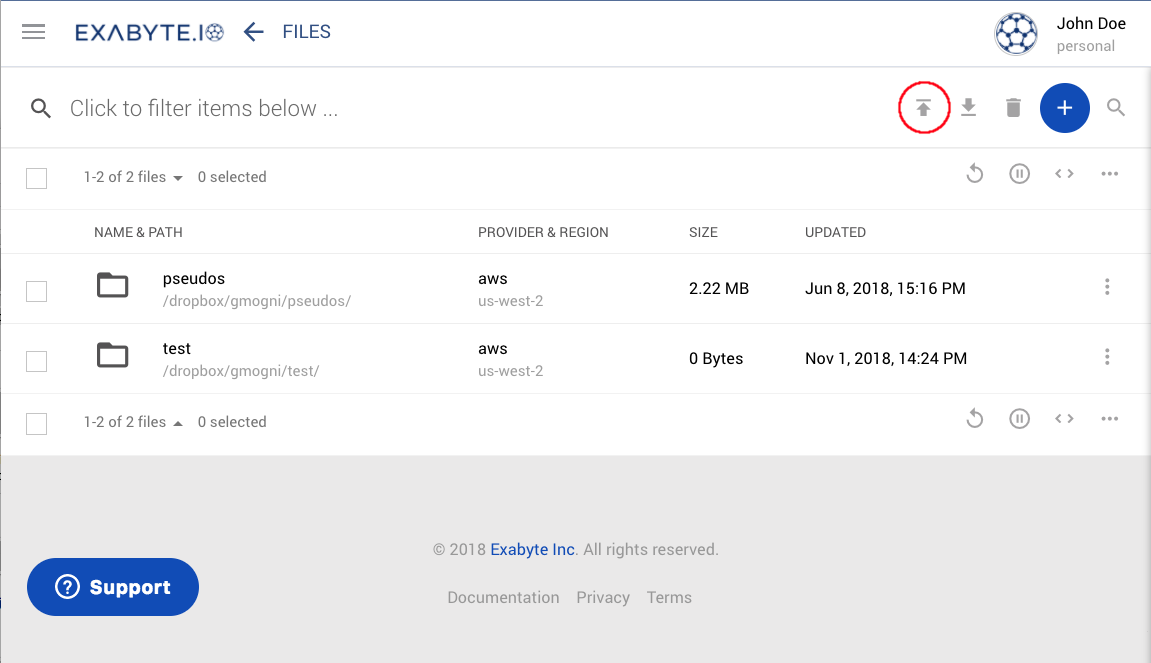 Dropbox Page with Upload Button Circled